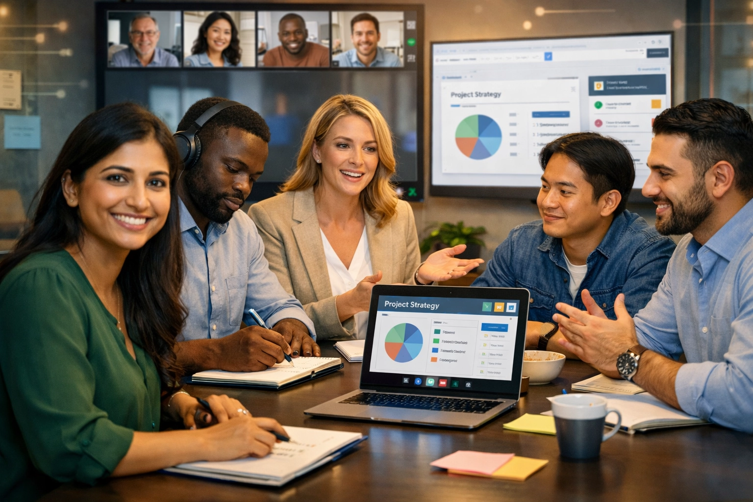 Partner affiliati diversi in un ambiente di meeting virtuale collaborativo impegnati in attività di gruppo