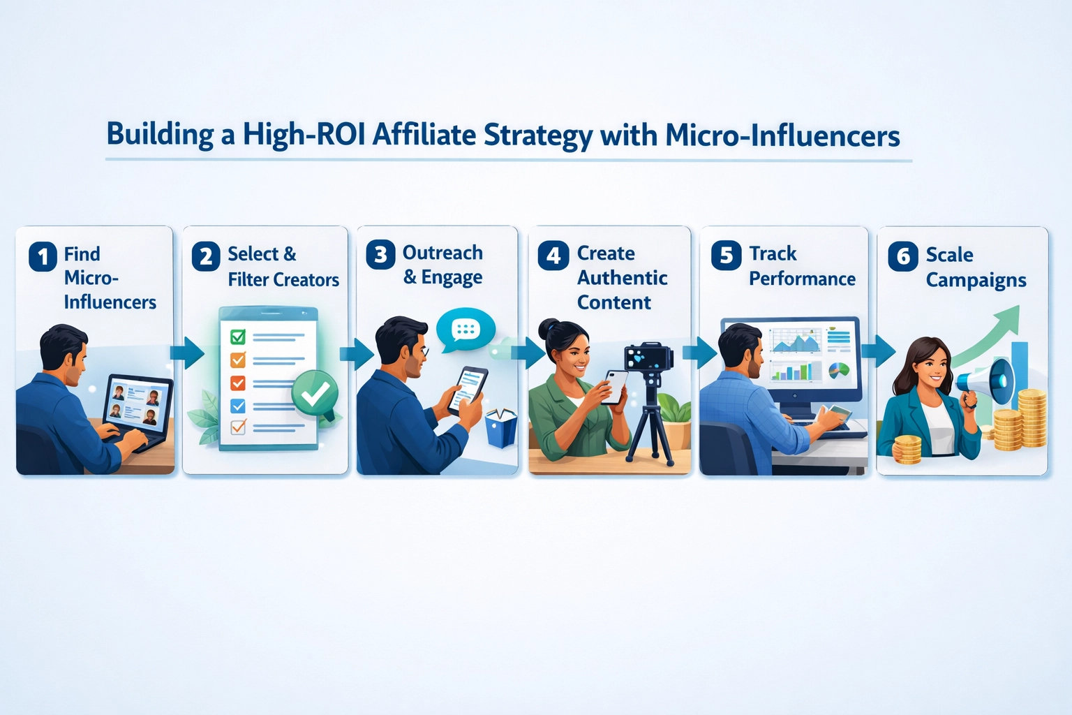 Step-by-step workflow showing the process of building a high-ROI affiliate strategy with micro-influencers