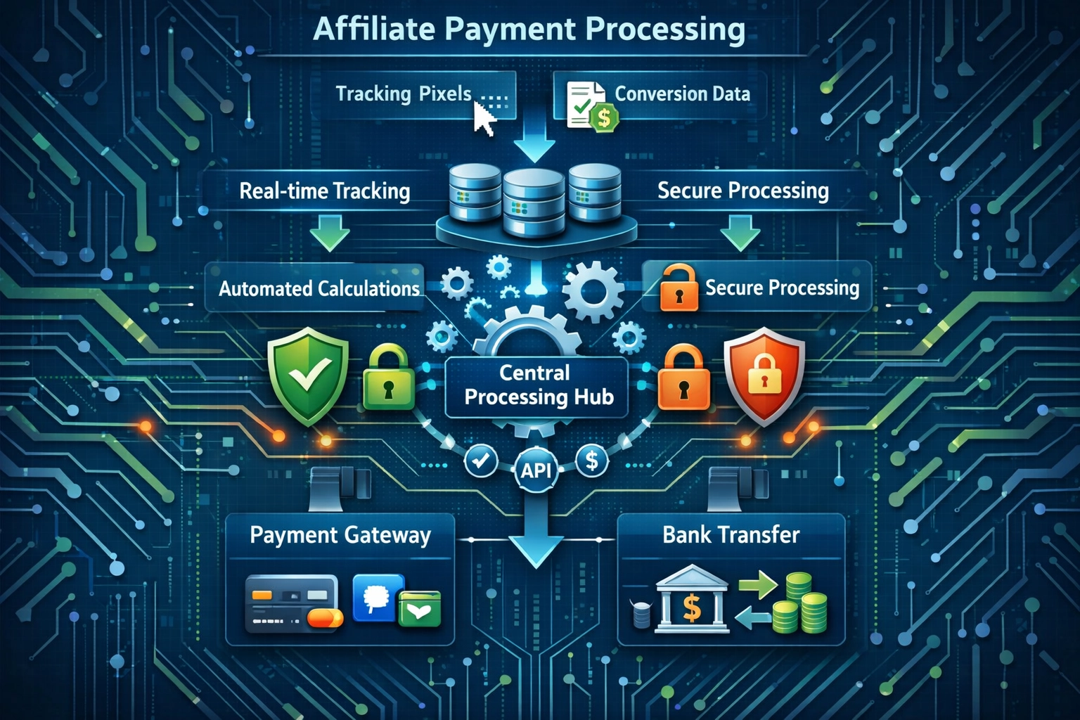 Technical infrastructure showing payment processing flow with tracking, calculations, and security