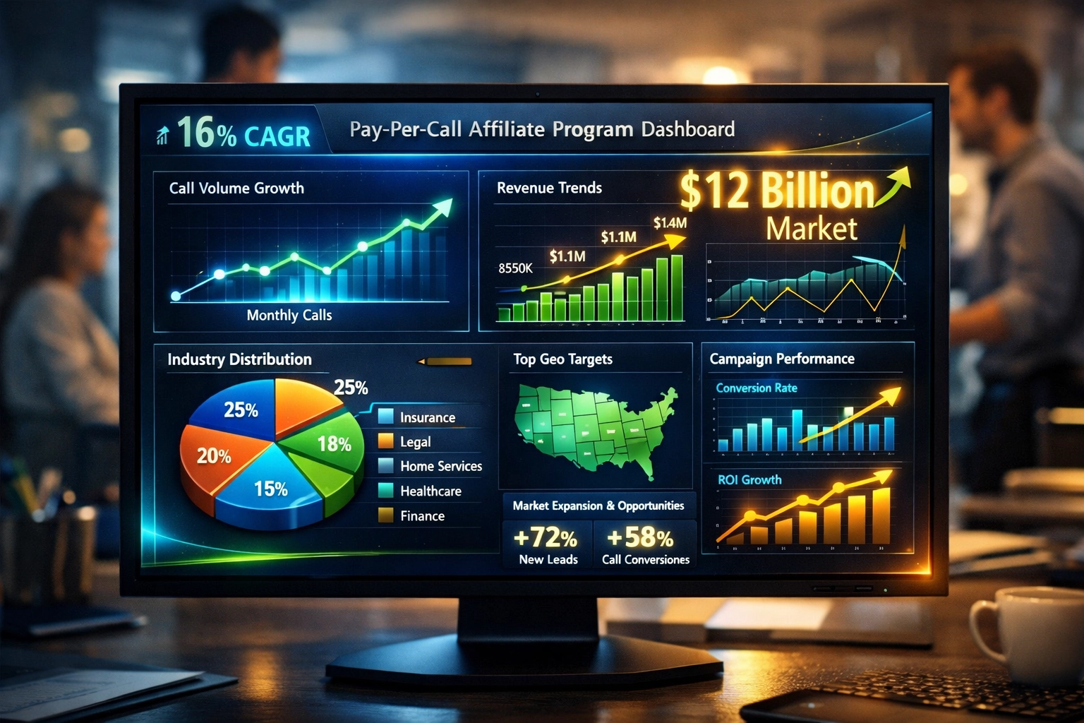 Dashboard della crescita del mercato pay-per-call che mostra una proiezione di 12 miliardi di dollari e un CAGR del 16%