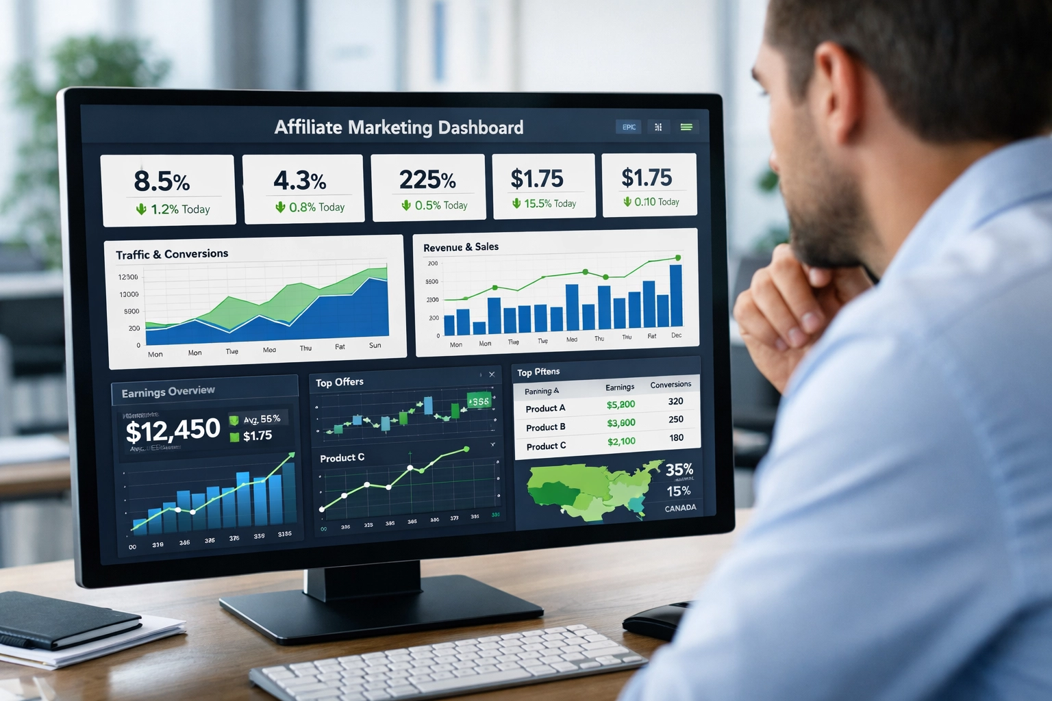 Dashboard di analytics che mostra metriche e KPI di affiliate marketing