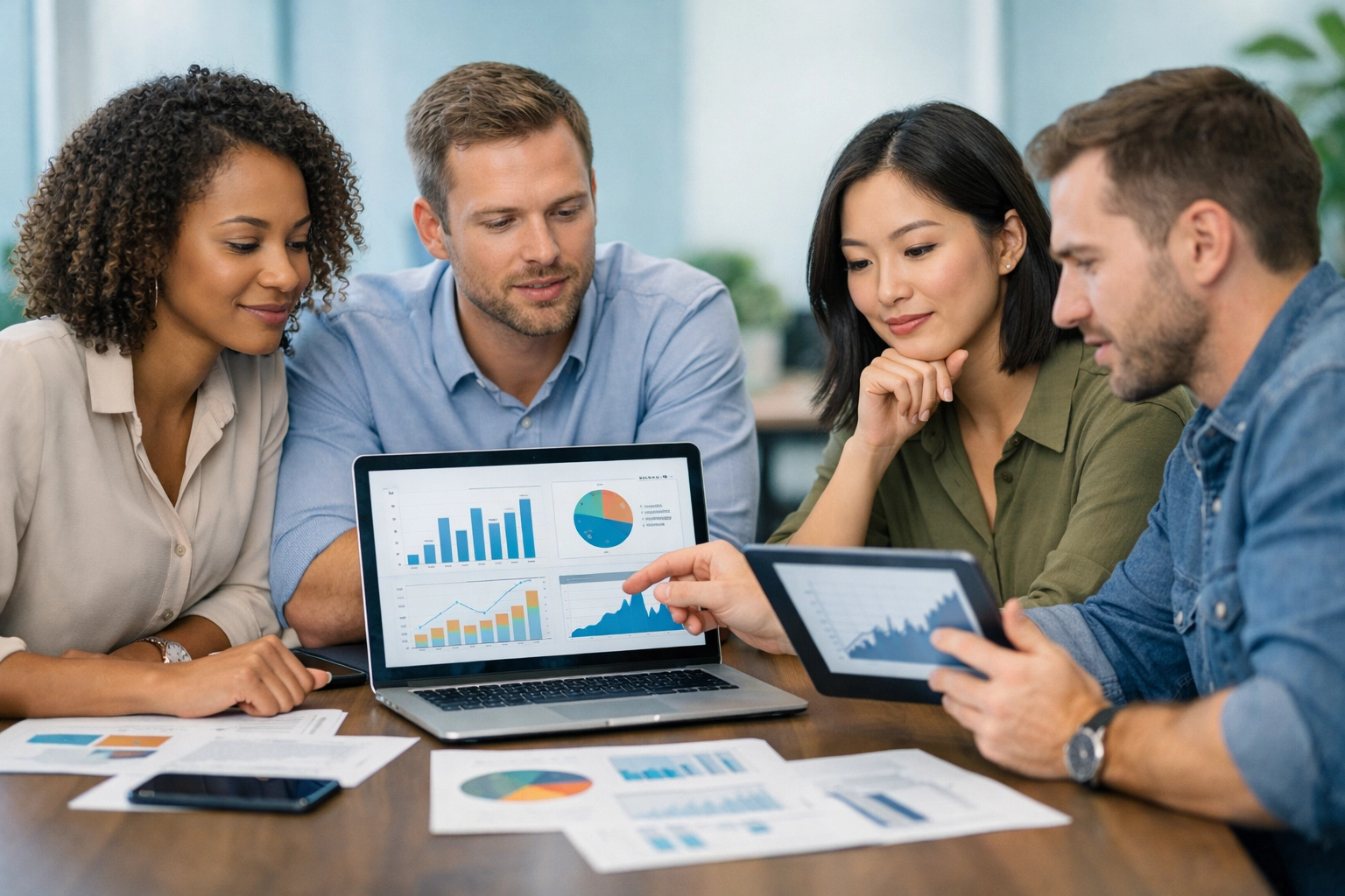 Team professionale che valuta programmi di affiliazione su laptop e tablet