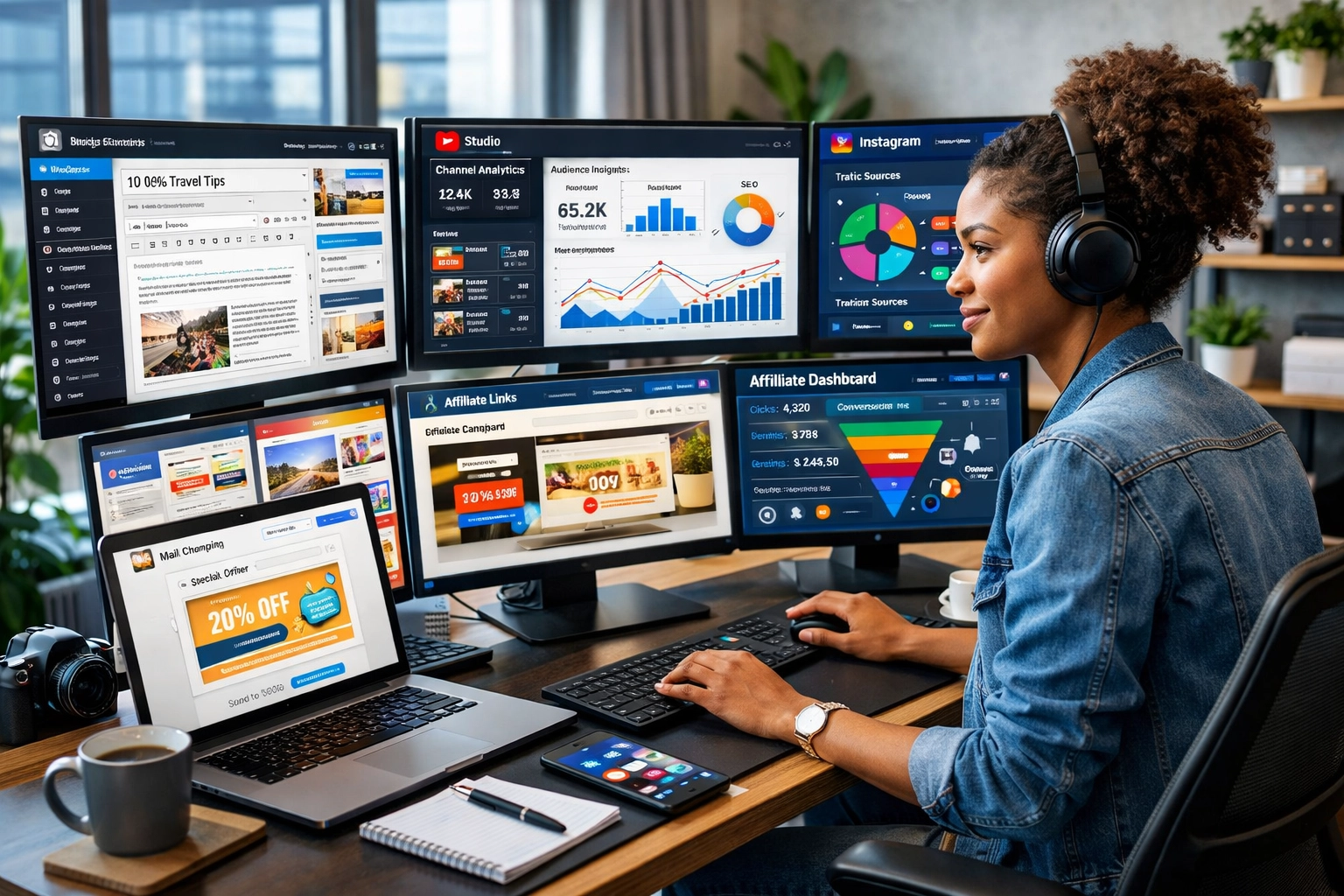 Workspace digitale moderno con strumenti di creazione contenuti, dashboard analytics e piattaforme di affiliate marketing