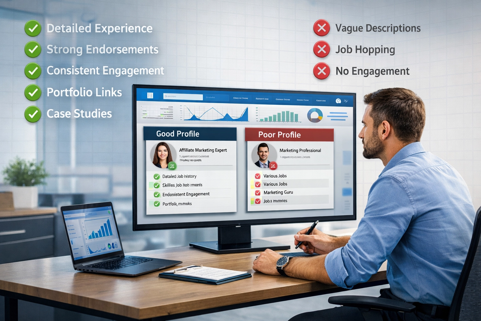 Visualizzazione della checklist di analisi del profilo con segnali positivi e campanelli d'allarme per gli affiliati