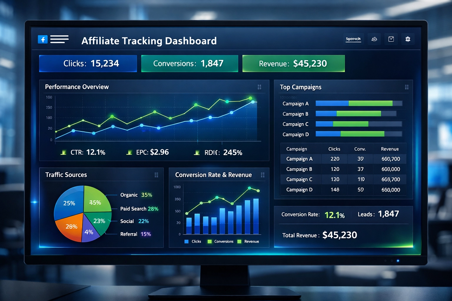 Dashboard di tracciamento affiliato professionale con metriche in tempo reale e visualizzazione dati