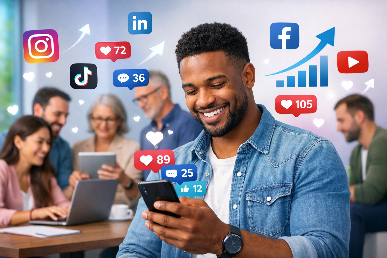 Imprenditori diversi che interagiscono con piattaforme social, circondati da metriche di coinvolgimento e icone dei social