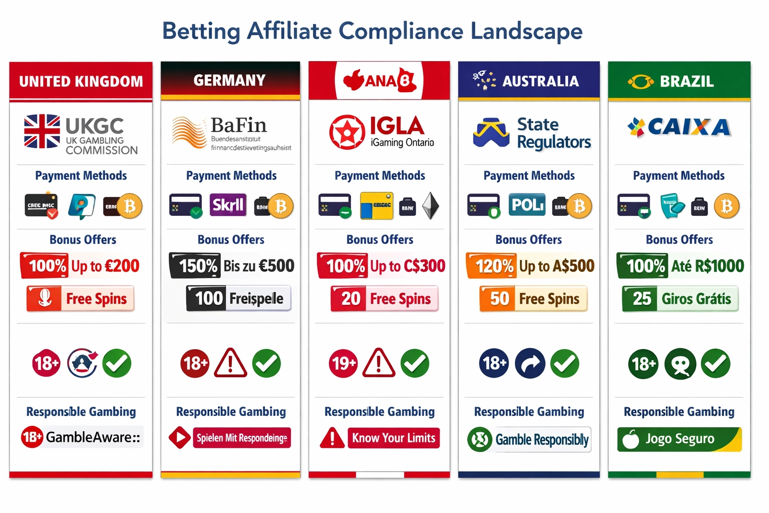 Regulatory compliance landscape for betting affiliates across UK, Germany, Canada, Australia, and Brazil