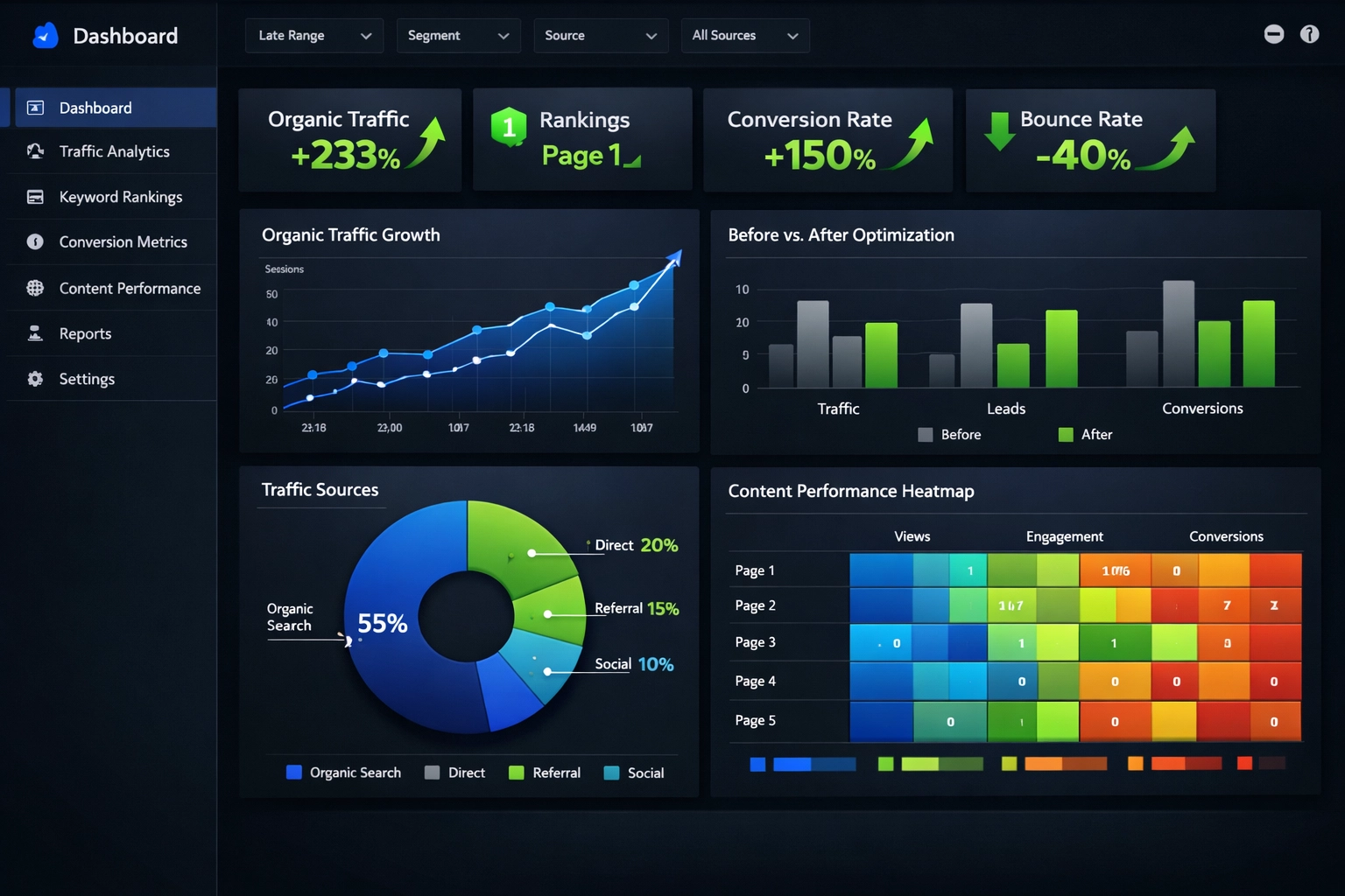 Analytics dashboard showing content performance metrics with organic traffic growth and conversion improvements