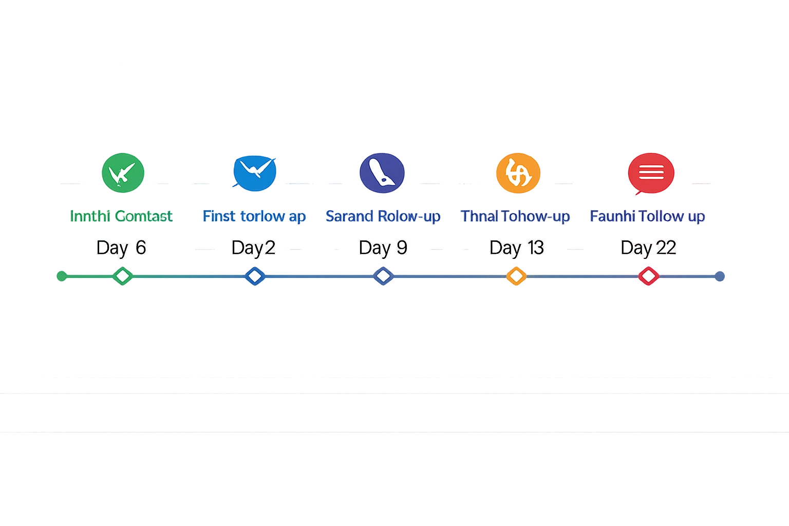 Follow-up timeline showing 6-8 week sequence with optimal spacing between touchpoints