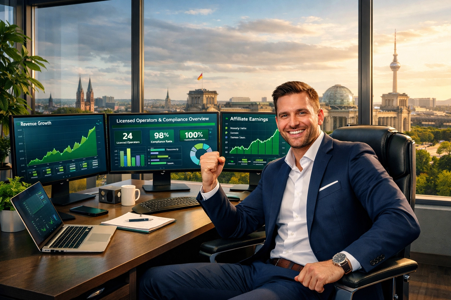 Affiliato di successo che celebra il raggiungimento della conformità con grafici di crescita e dashboard di operatori autorizzati