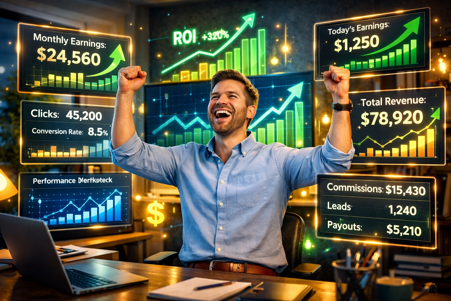 Affiliate marketer che festeggia il successo con metriche di crescita e dashboard analitici