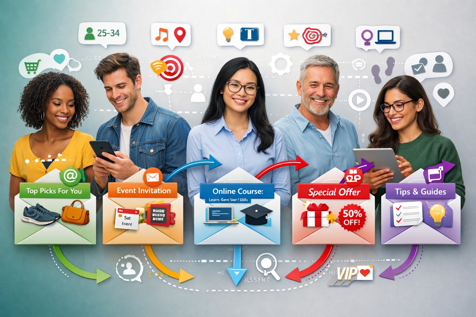 Visualizzazione di segmentazione e personalizzazione email con targeting su un pubblico diversificato