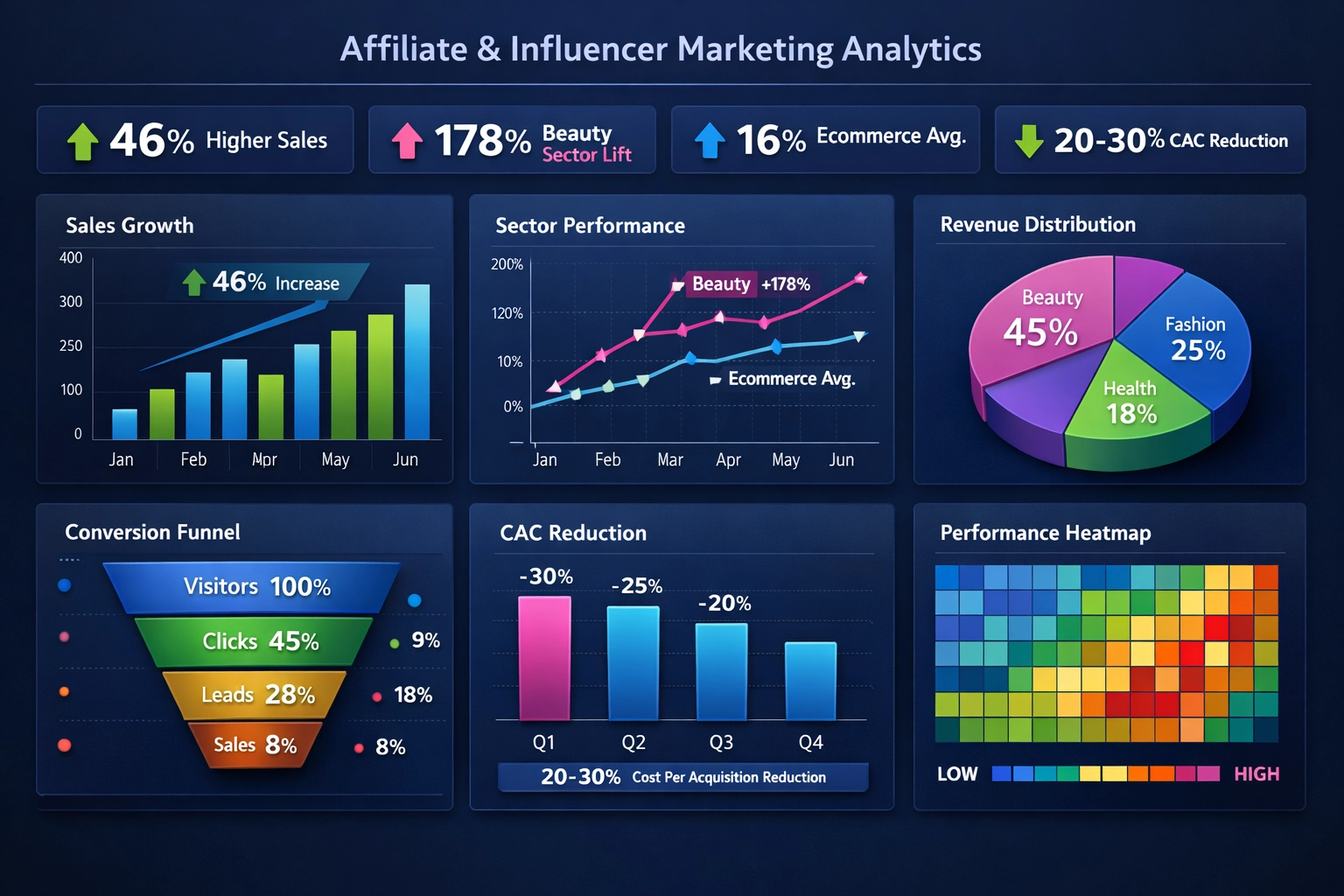 Dashboard delle metriche di performance che mostra il 46% di vendite in più e analisi ROI