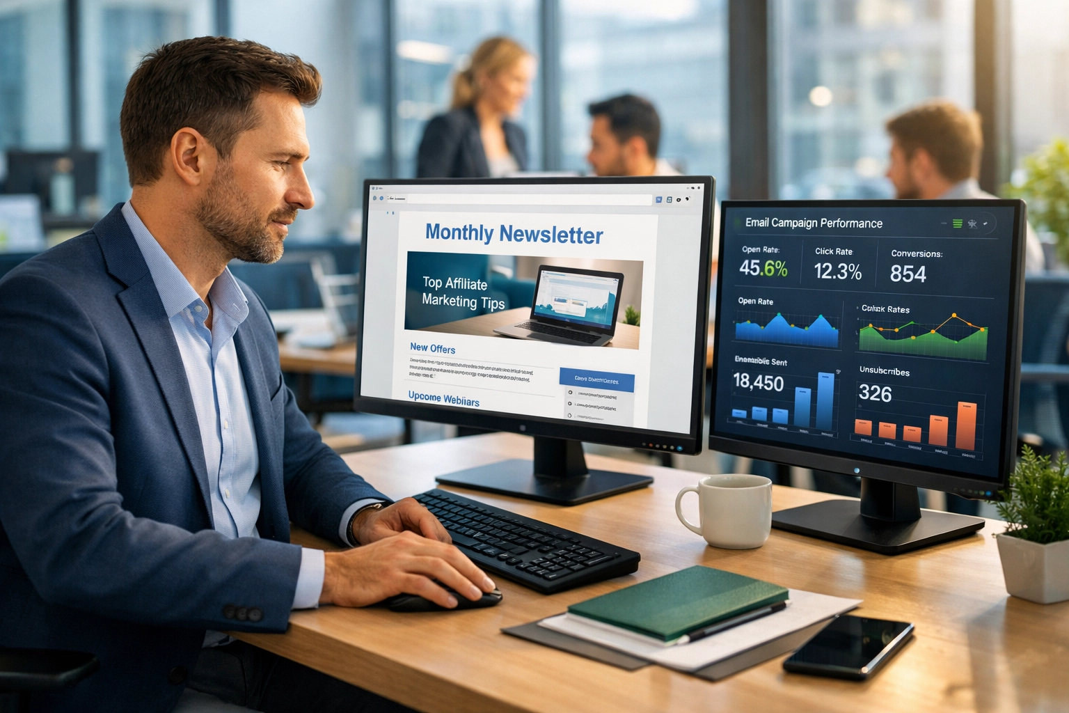 Affiliate manager che esamina una newsletter su computer con collaborazione di squadra sullo sfondo