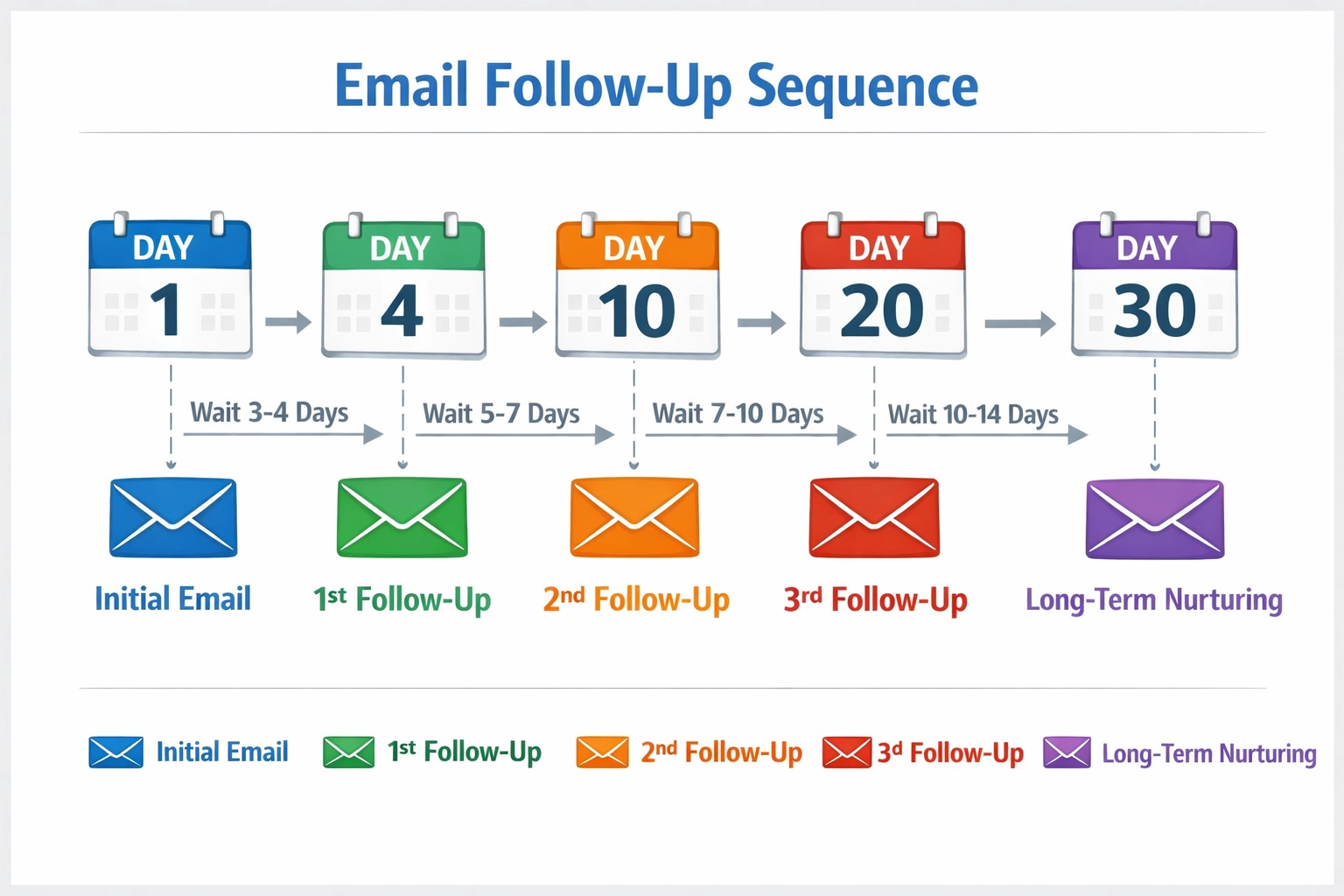 Email follow-up timeline infographic showing sequence from Day 1 to Day 30 with color-coded email types