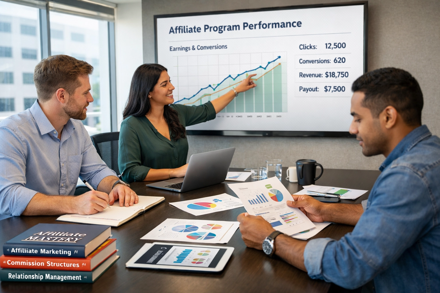 Team di professionisti dell'affiliate marketing che collaborano su strategia e analisi delle performance