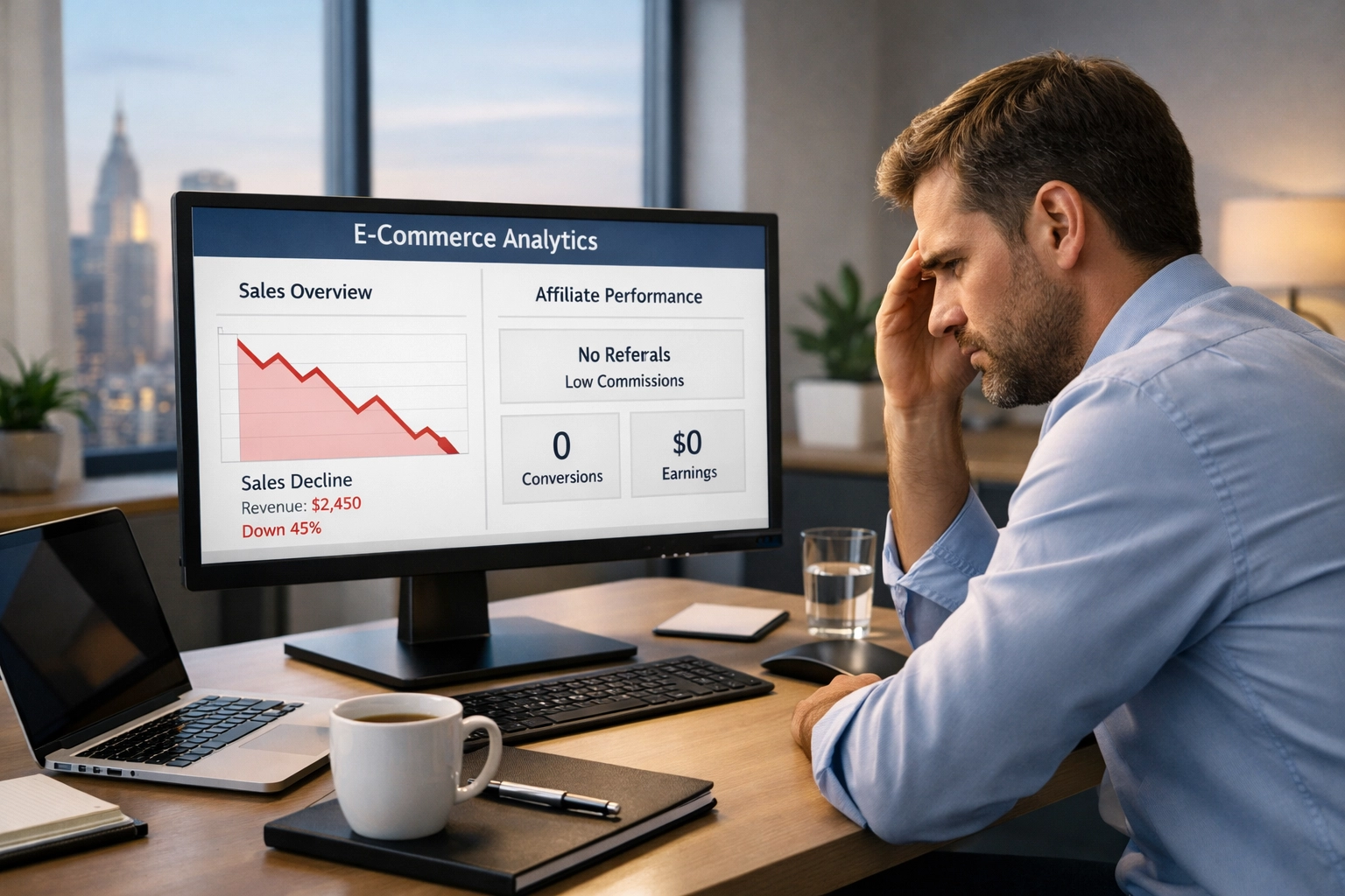 Proprietario di negozio e-commerce frustrato che analizza metriche di attività affiliate basse sulla dashboard