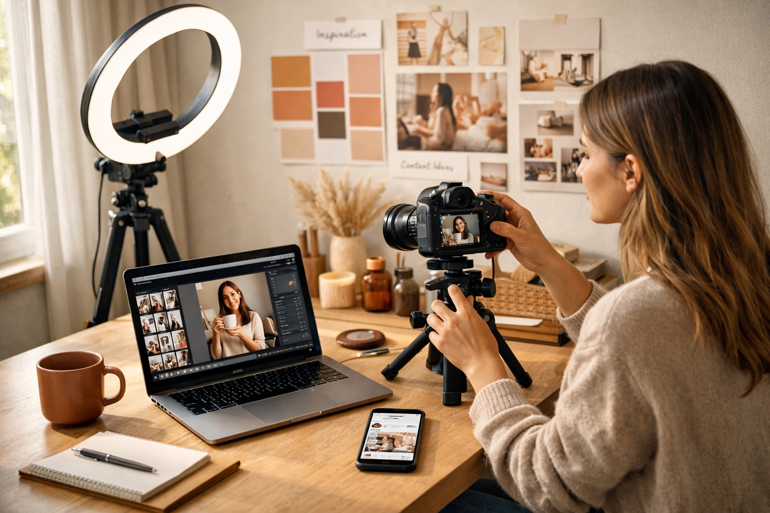 Workspace di un content creator professionale con fotocamera, luci e setup di editing