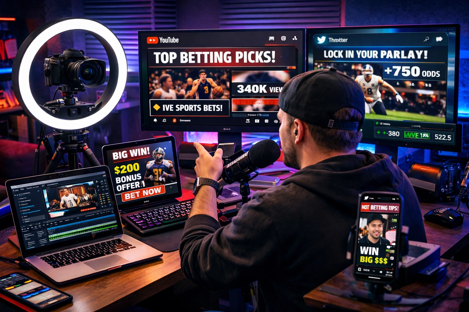 Content creator che registra video affiliati betting