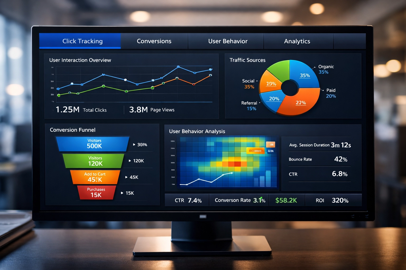Dashboard di analisi tracciamento click con metriche di conversione