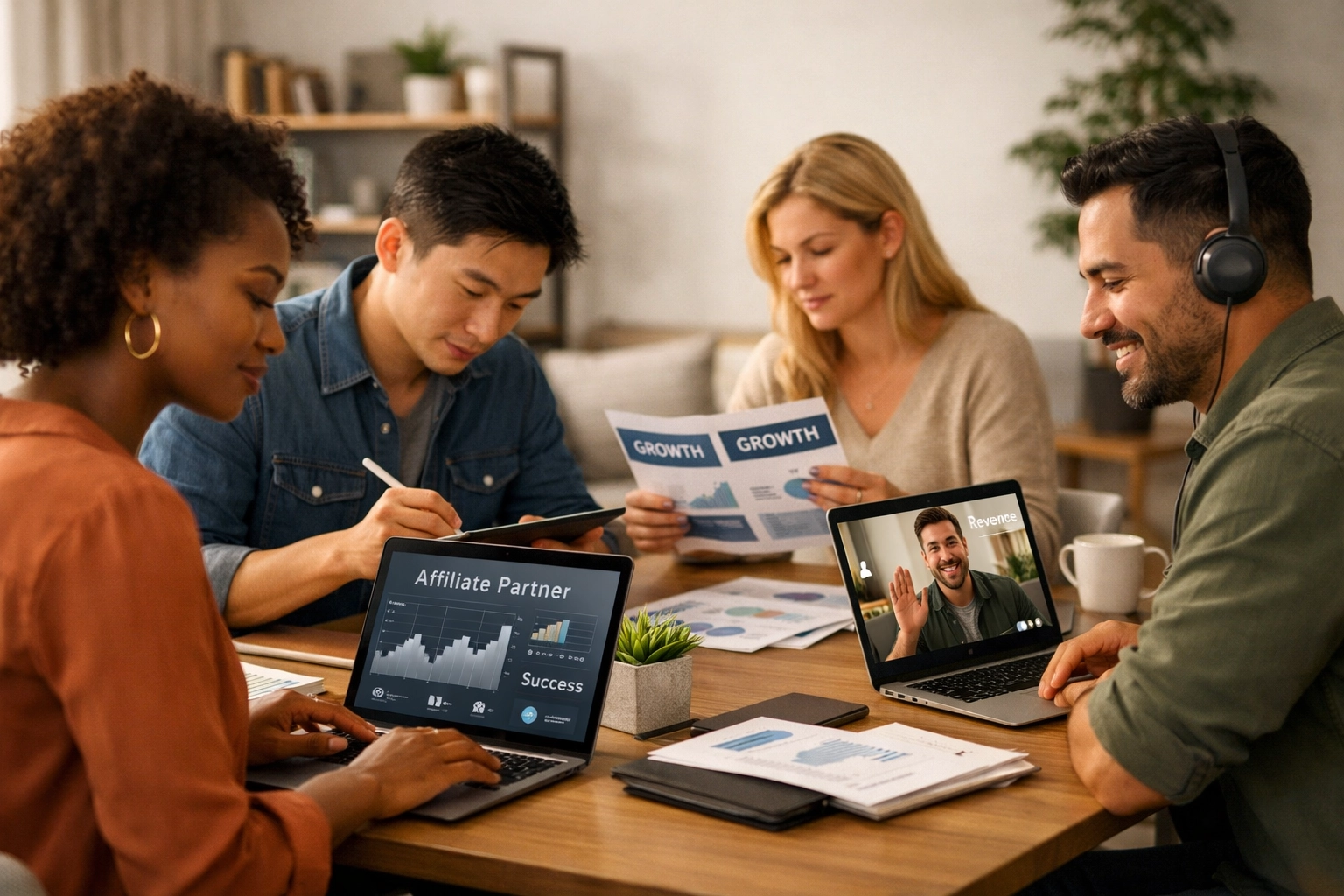 Partner affiliati diversi che lavorano alle proprie attività indipendenti in uno spazio di lavoro collaborativo moderno