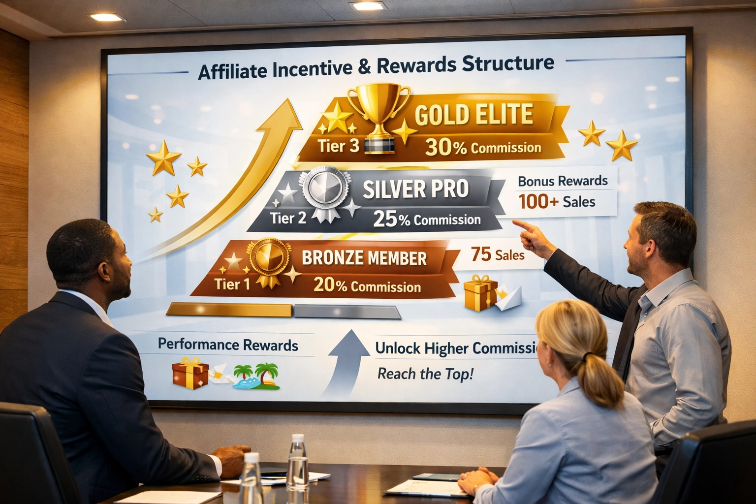 Tiered achievement system showing performance rewards and advancement levels