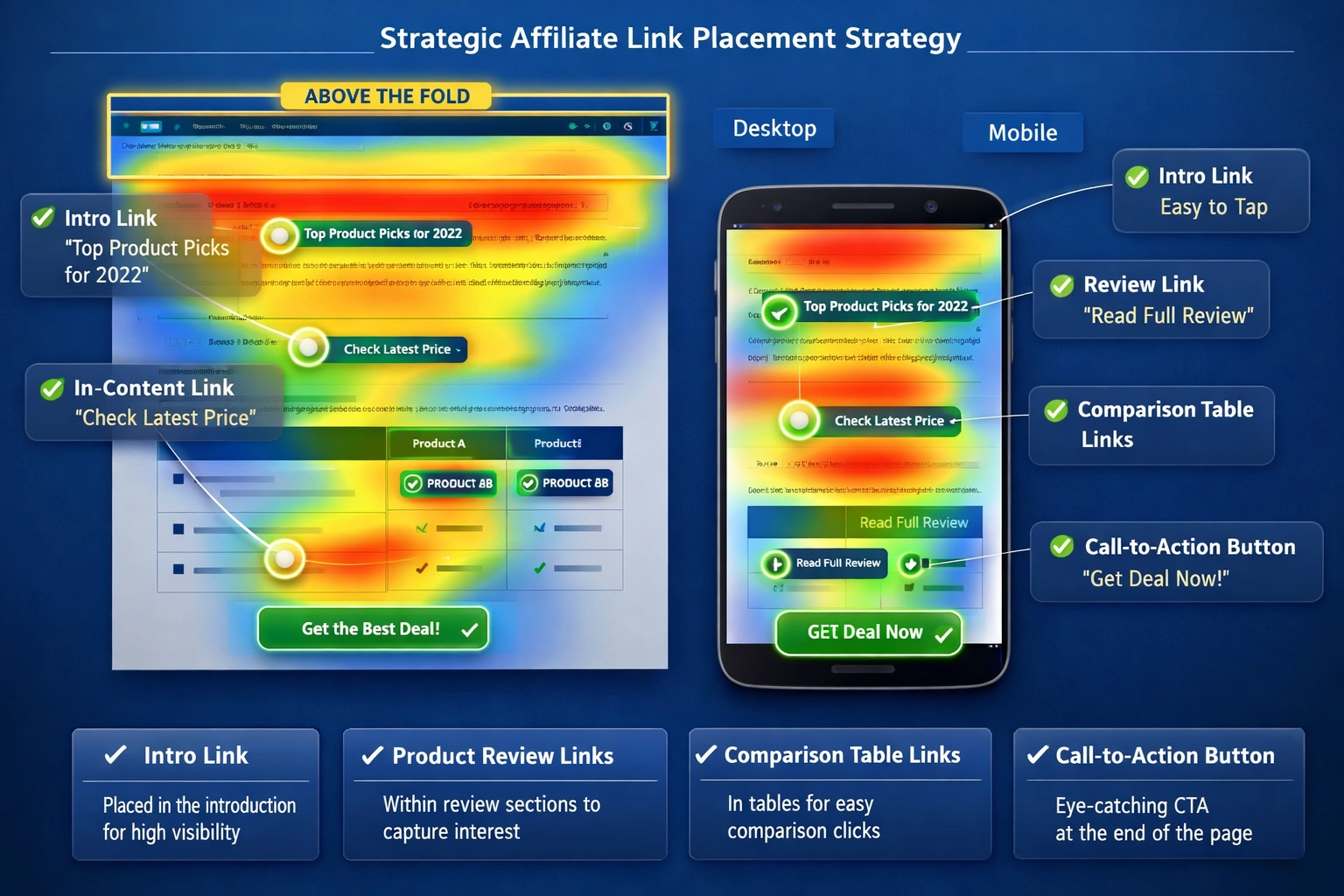 Webpage layout visualization showing strategic affiliate link placement with heat map indicating optimal placement zones for desktop and mobile