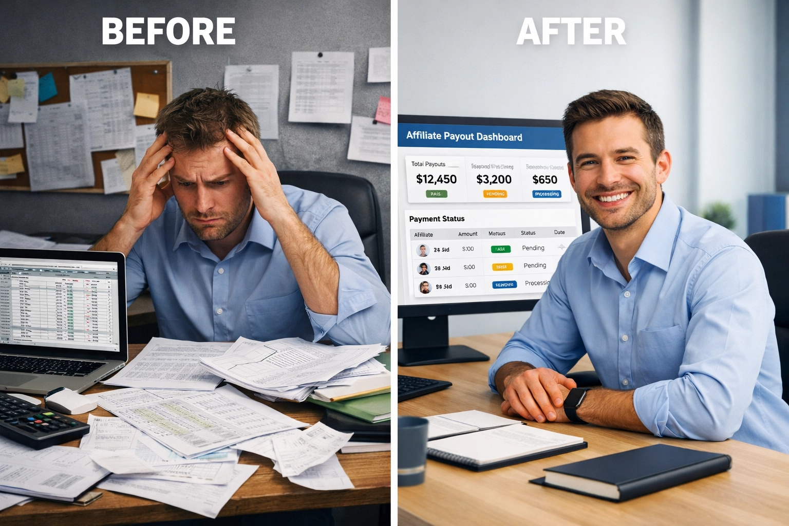 Confronto tra la gestione dei pagamenti affiliati prima e dopo PostAffiliatePro
