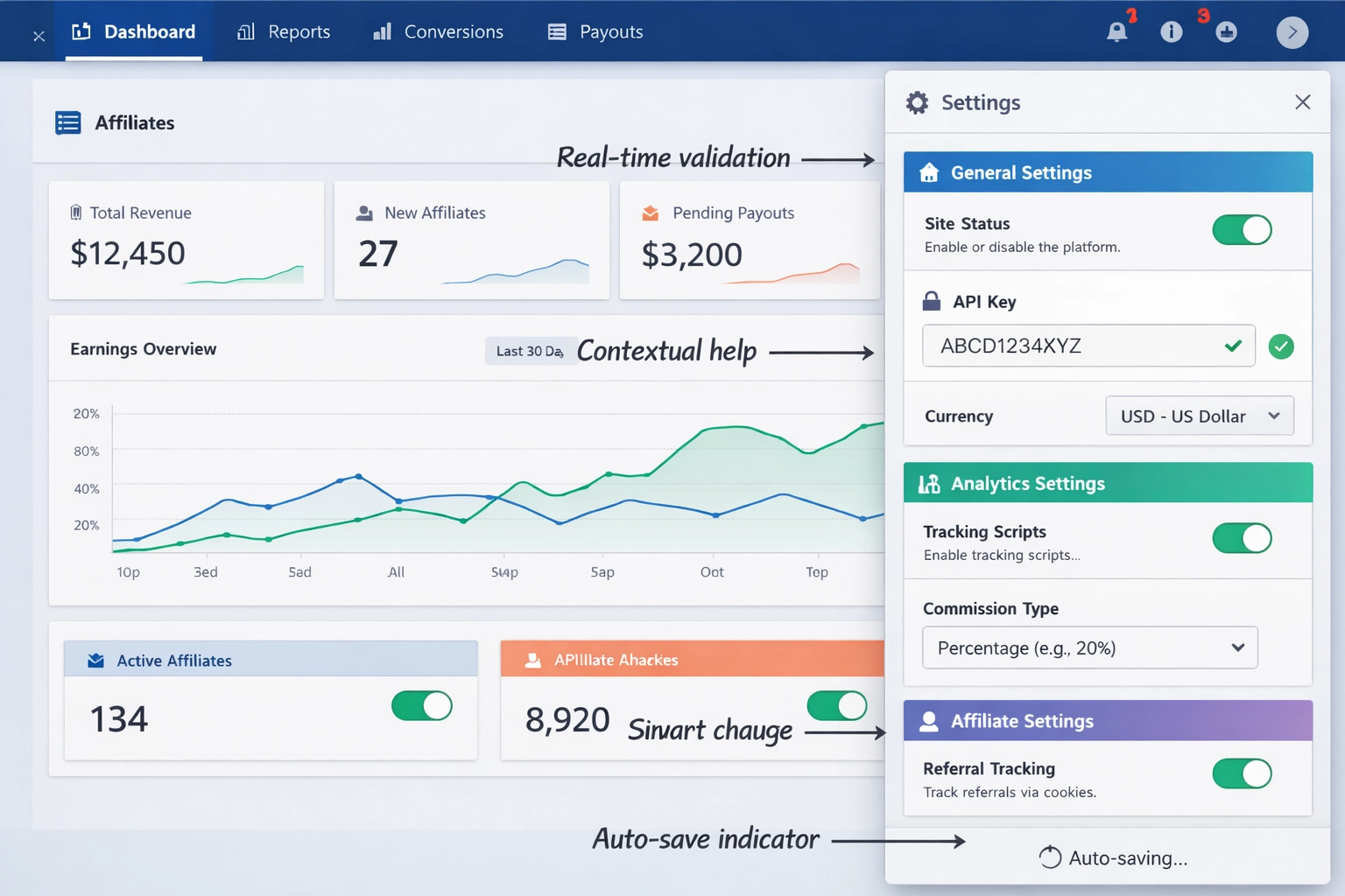 Pannello di impostazioni moderno in-page con controlli integrati e feedback in tempo reale