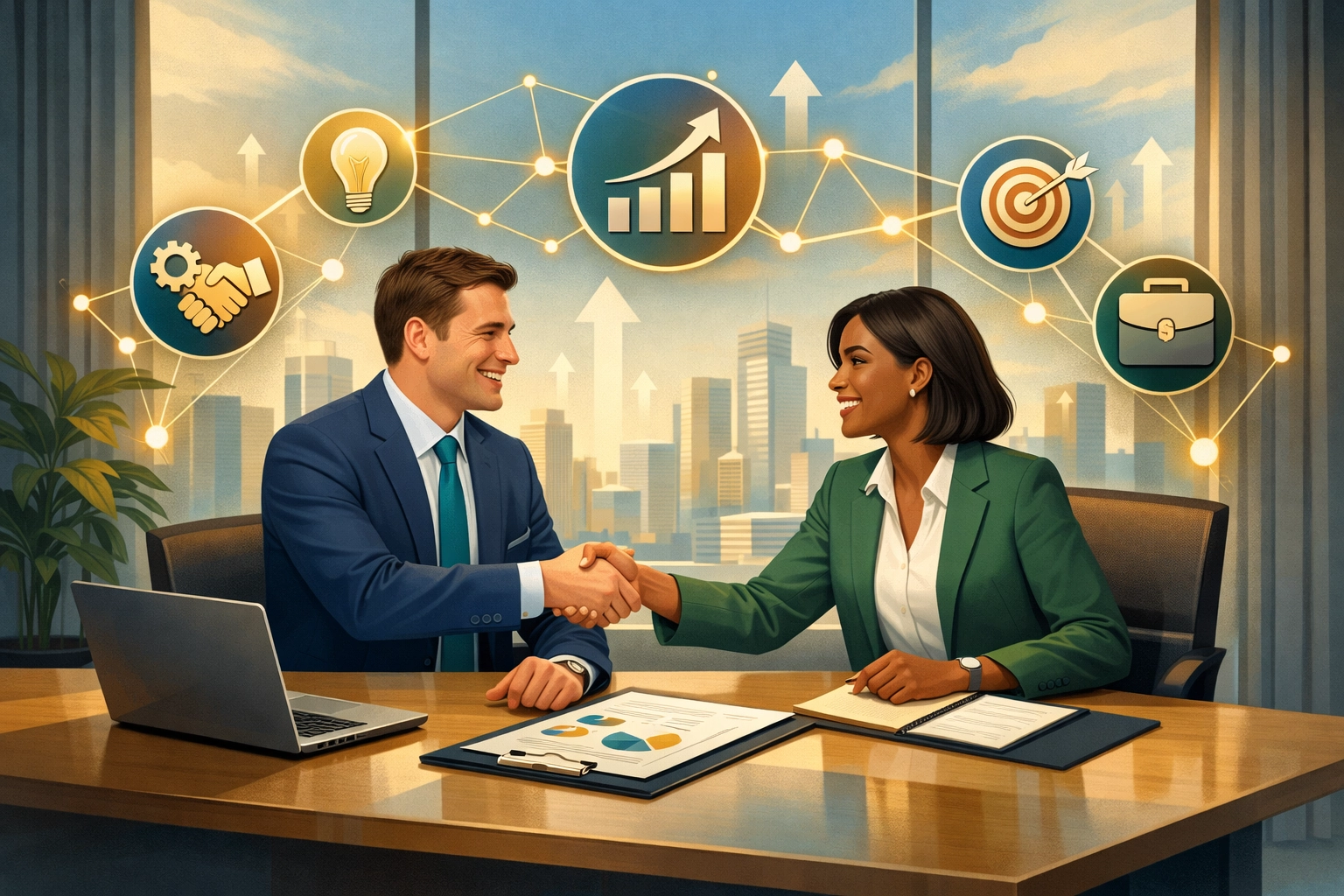 Professionisti che collaborano e si stringono la mano con simboli di connessione che rappresentano partnership strategiche