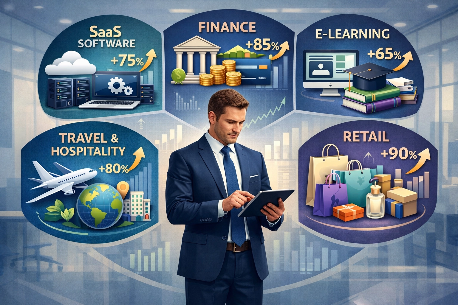Settori aziendali diversificati che mostrano SaaS, Finanza, E-learning, Viaggi, e Salute & Benessere con indicatori di crescita