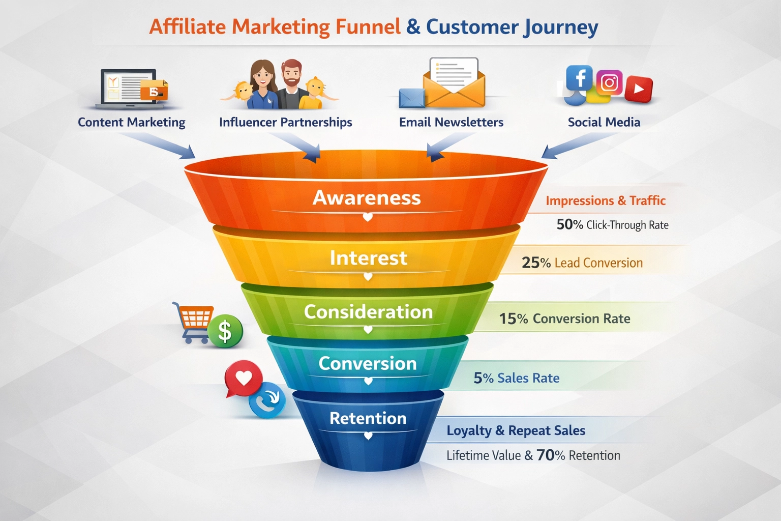 Funnel di marketing di affiliazione che mostra il percorso cliente dalla consapevolezza alla fidelizzazione