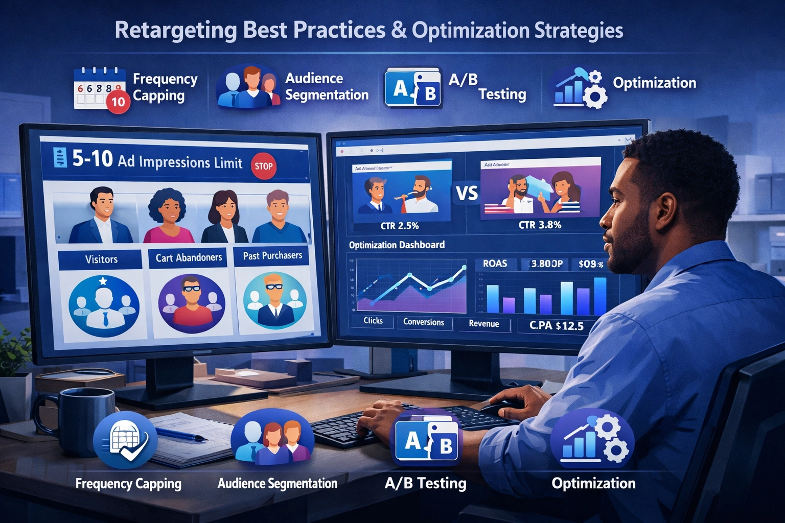 Illustrazione professionale che mostra best practice e strategie di ottimizzazione per il retargeting