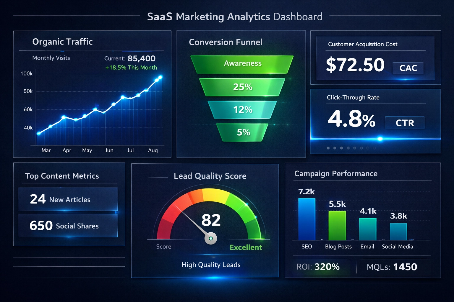 Dashboard di analytics marketing SaaS con metriche chiave di performance e dati strategici dei contenuti