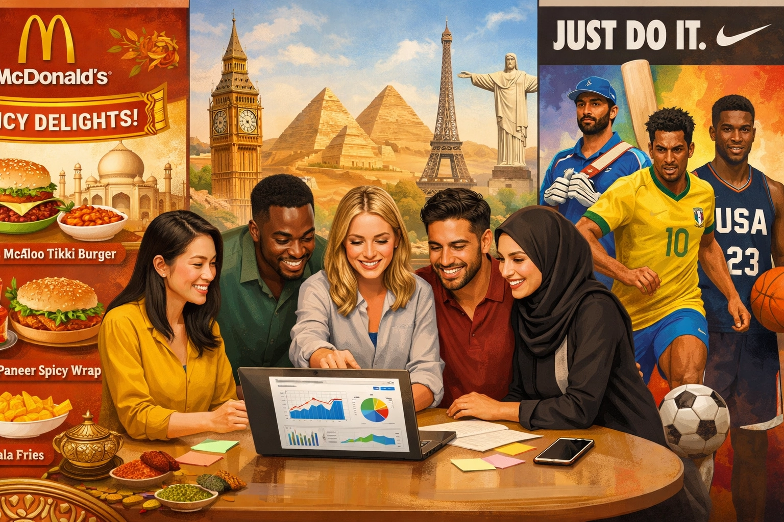 Team culturalmente diversificato che collabora su strategie di marketing di affiliazione localizzate in diverse regioni