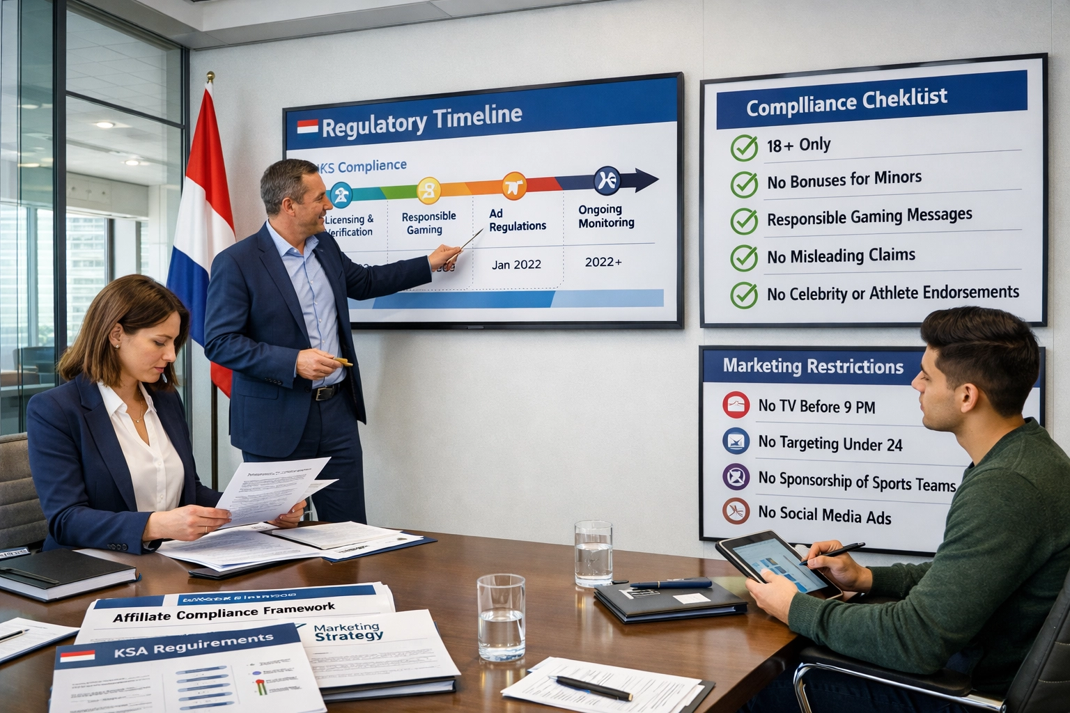 Team of marketing professionals collaborating on Dutch gambling compliance strategy in modern office