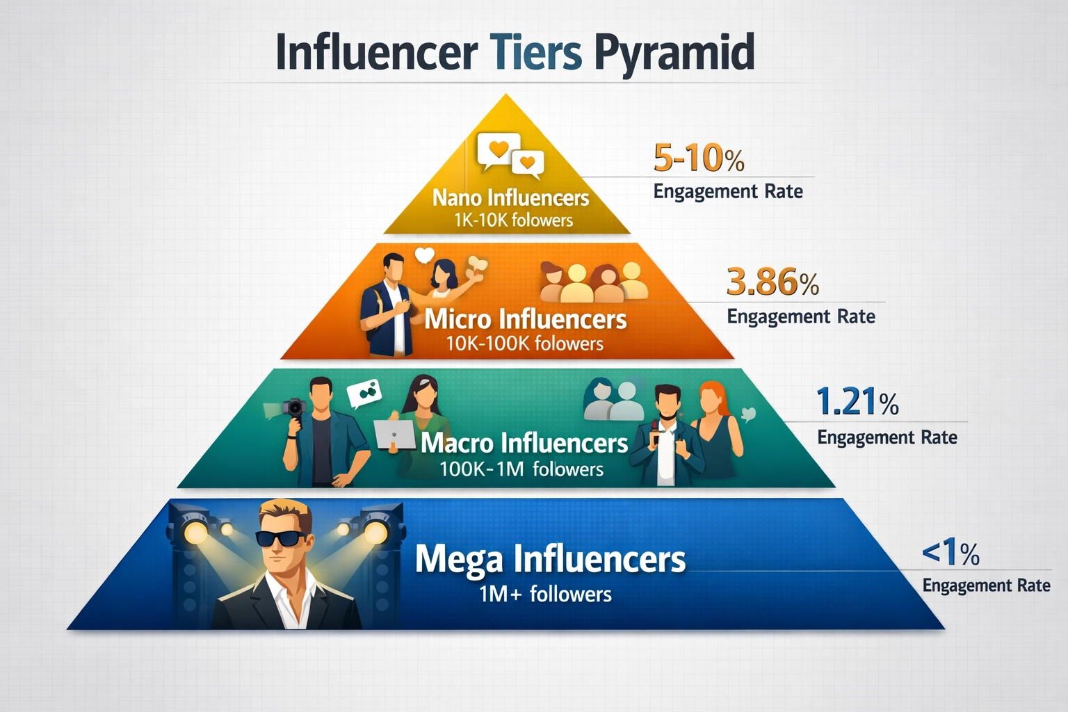 Piramide dei livelli di influencer con nano, micro, macro e mega influencer e tassi di engagement