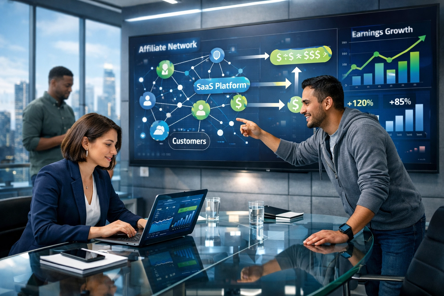 Team professionale di affiliate marketing SaaS che collabora davanti a una dashboard di analisi