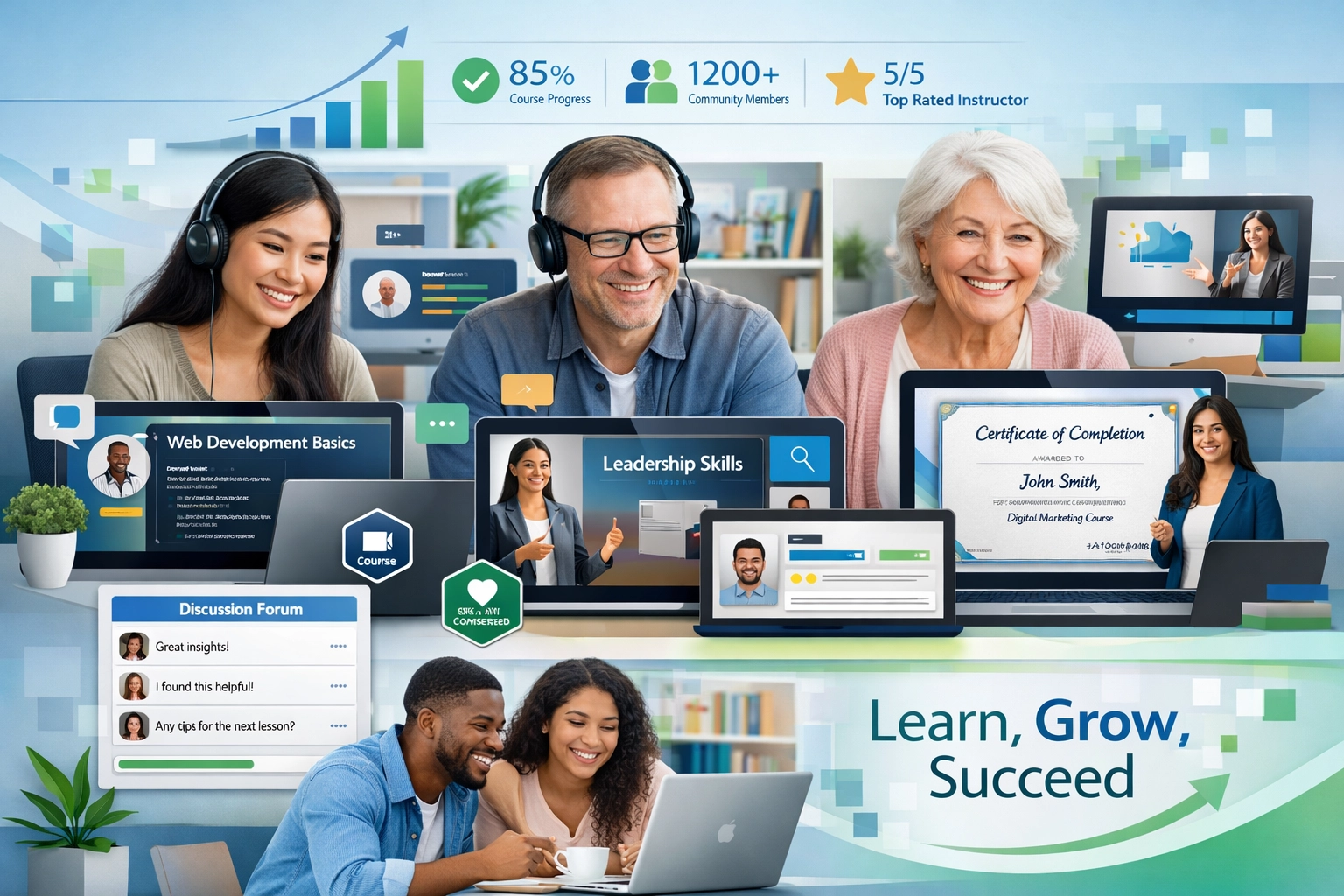 Piattaforma di formazione online moderna con studenti diversi e contenuti di corso