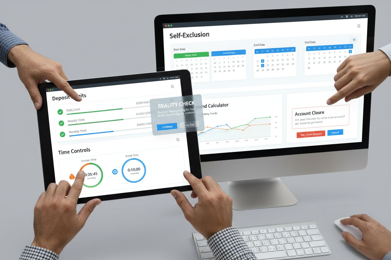 Dashboard degli strumenti di protezione del giocatore con limiti di deposito, controlli temporali e opzioni di autoesclusione