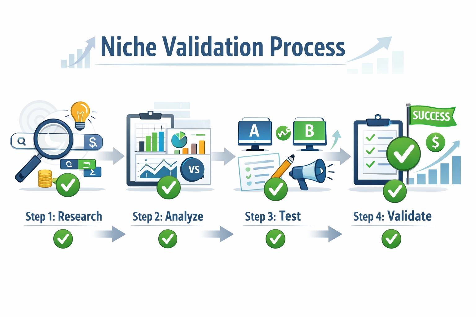 Niche validation process flowchart showing systematic steps: Research, Analyze, Test, and Validate