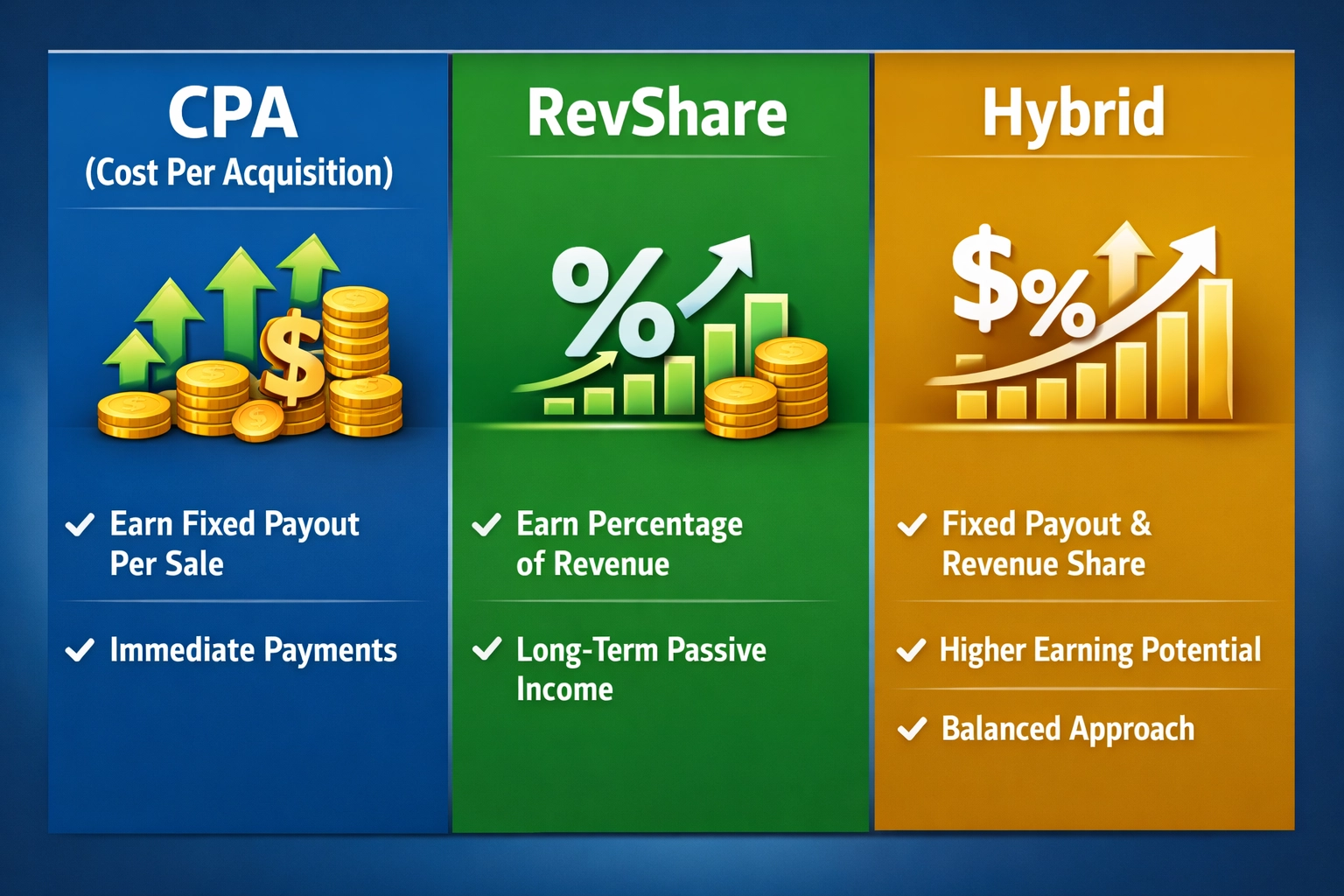 Commission models visualization showing CPA, RevShare, and Hybrid payment structures