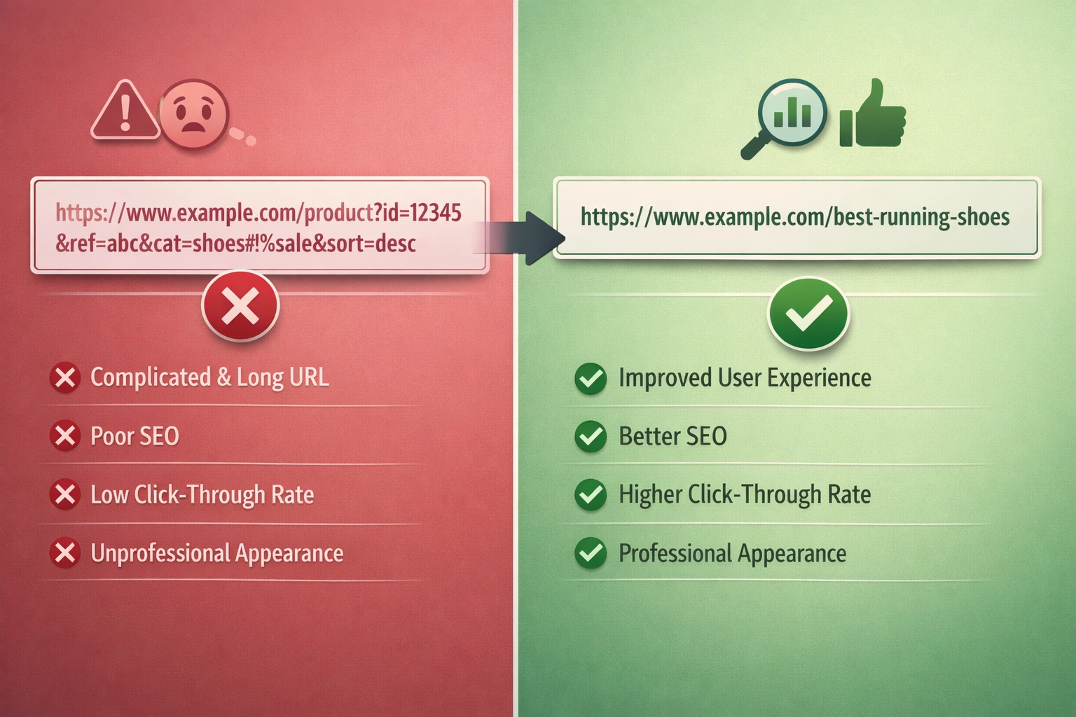 Split-screen comparison showing messy URL transformation to clean, optimized URL with visual indicators of improvements