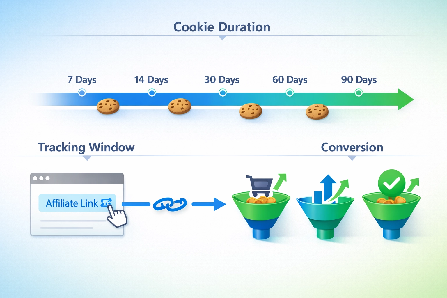 Linea temporale del tracciamento dei cookie nel marketing di affiliazione che mostra le finestre di conversione
