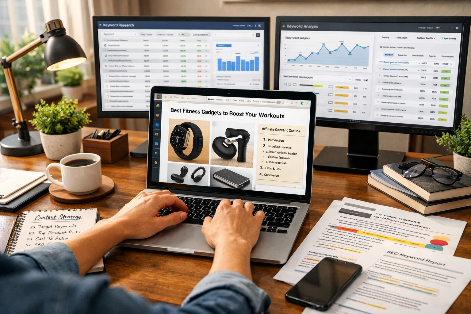 Content creator al lavoro su un post affiliate con ricerca keyword e analisi prodotti