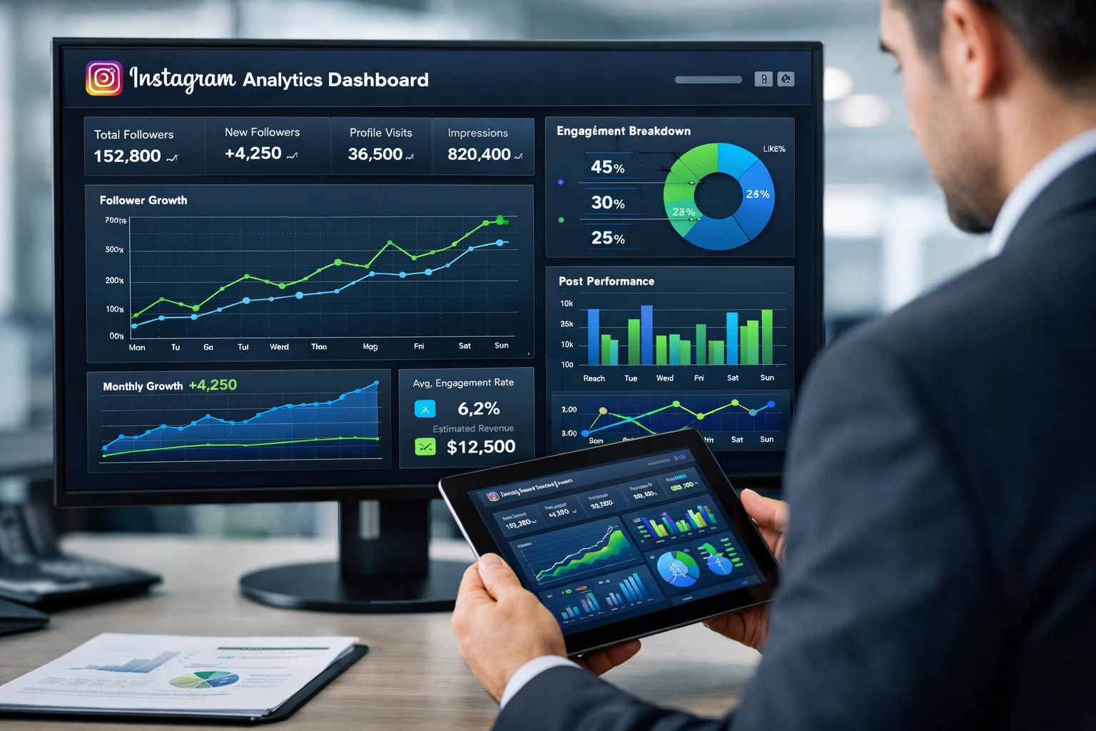 Dashboard analytics di Instagram che mostra metriche di engagement e monitoraggio performance