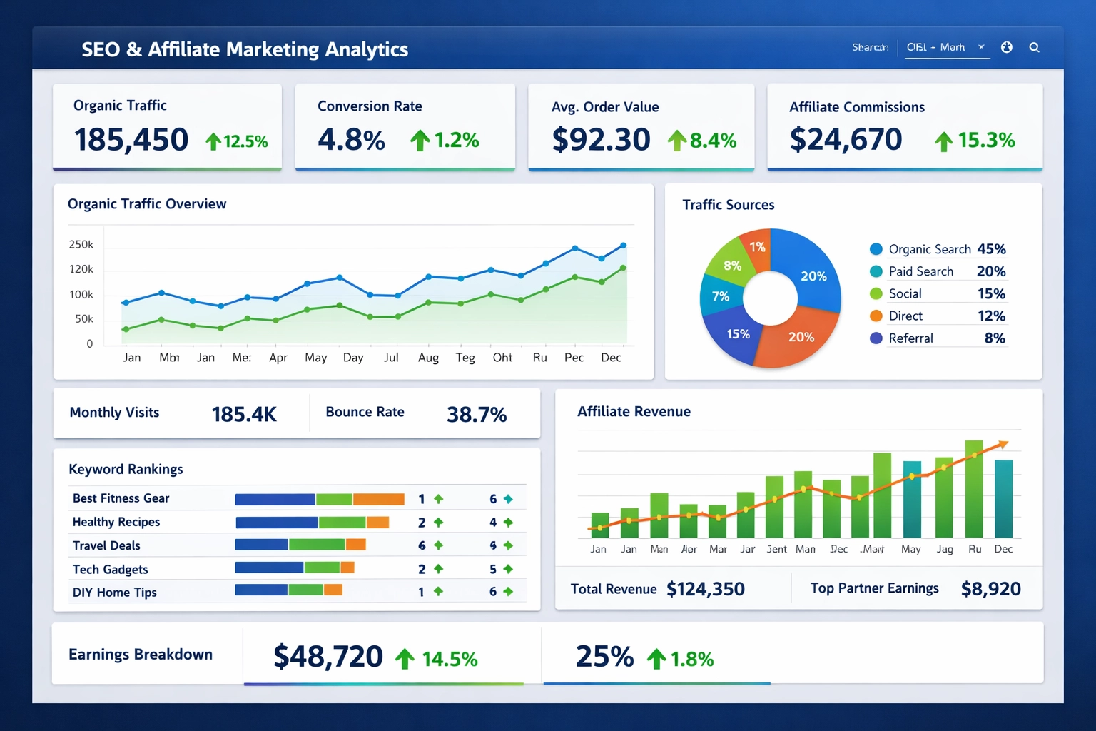 Dashboard analytics con metriche SEO, trend del traffico organico e dati performance affiliate