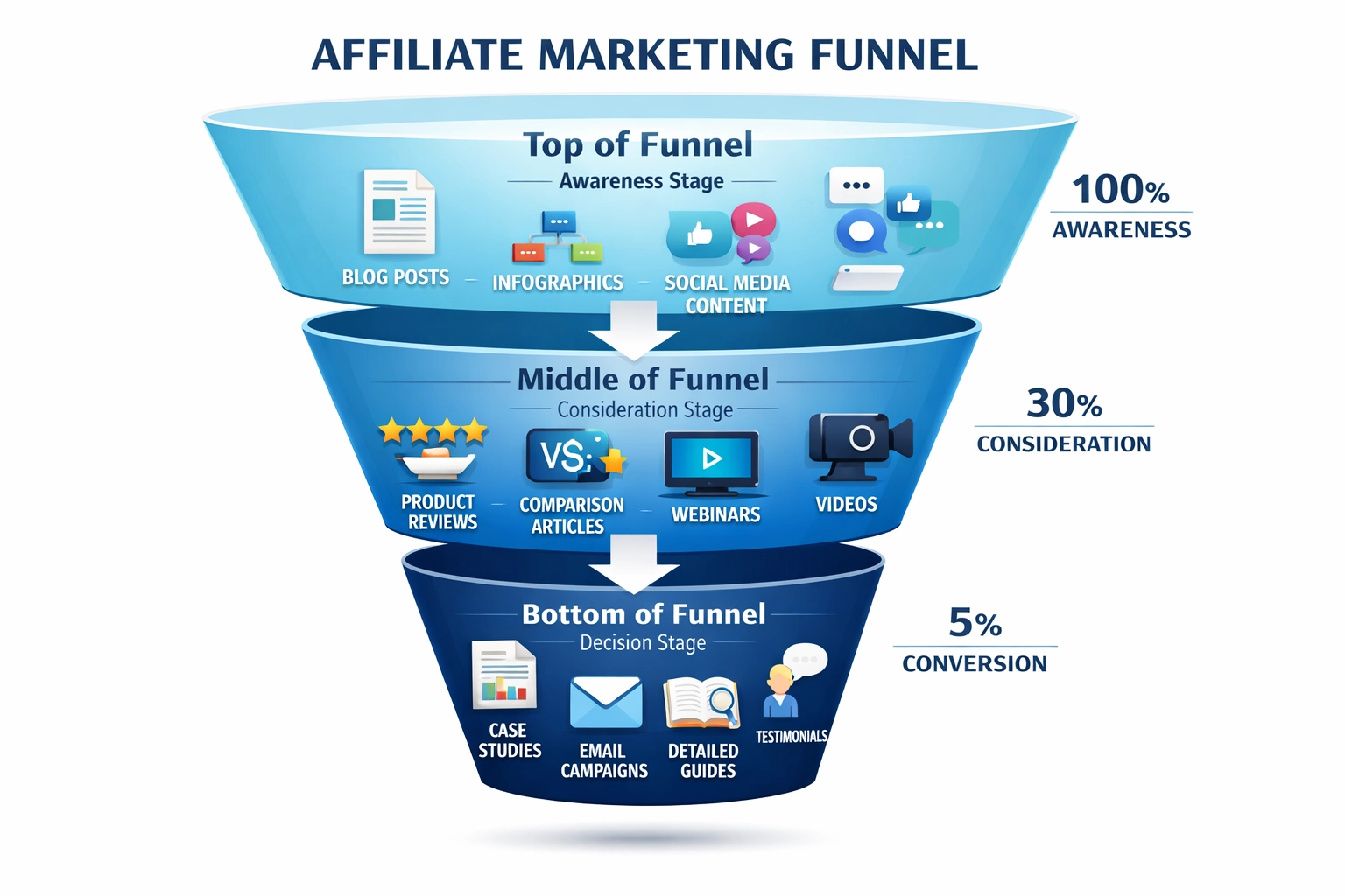 Funnel di affiliate marketing che mostra i tipi di contenuto nelle varie fasi
