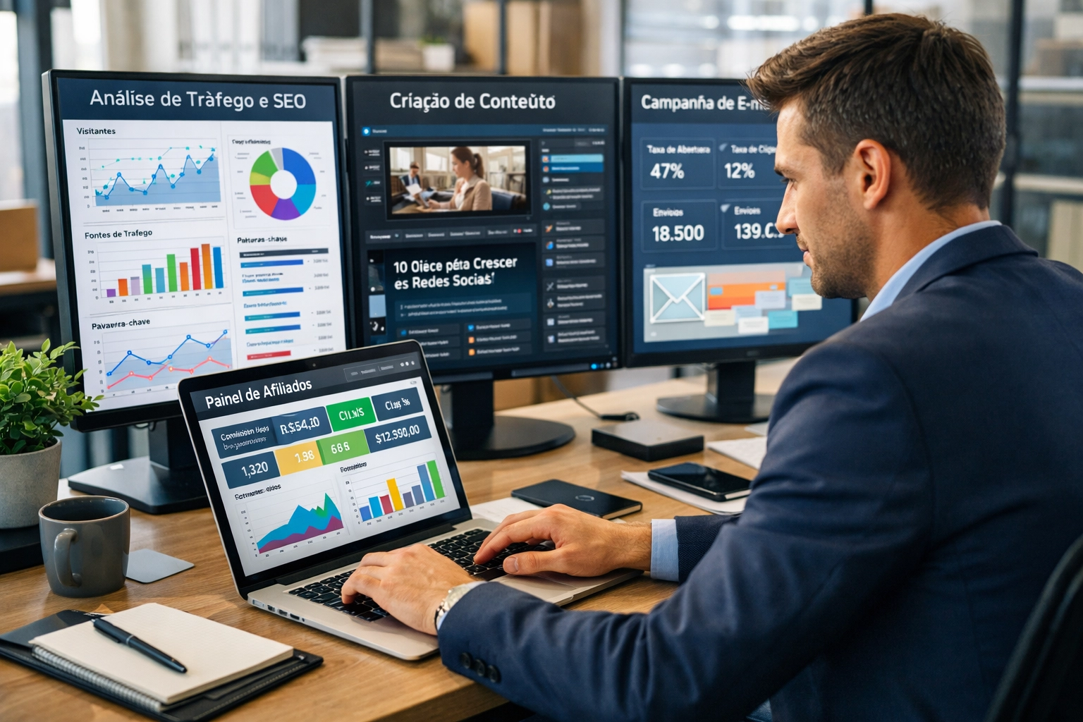 Digital marketer al lavoro su strategie di affiliazione con dashboard analytics