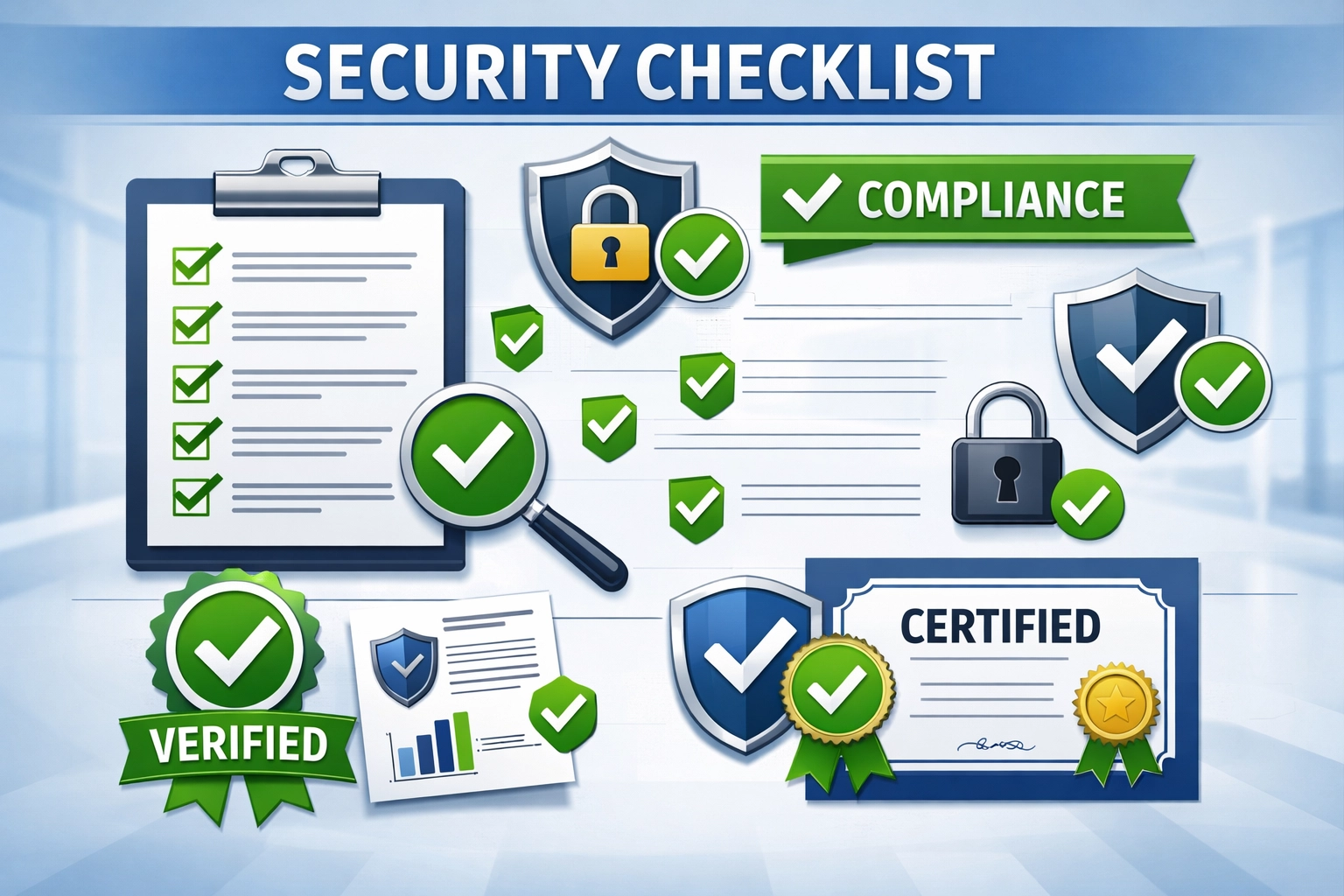 Checklist di valutazione della sicurezza con badge di conformità e segni di verifica